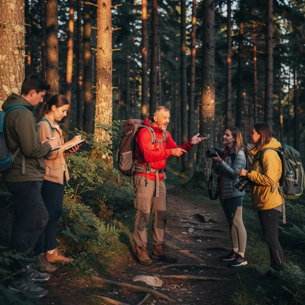 Adventurers hiking along a scenic path, equipped with backpacks, immersed in the breathtaking natural beauty of Slovakia's national parks.